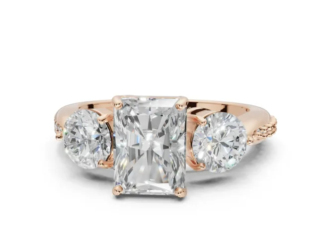 Radiant Cut Three Stone Engagement Ring Setting | Tapered Pavé Band | Rose Gold