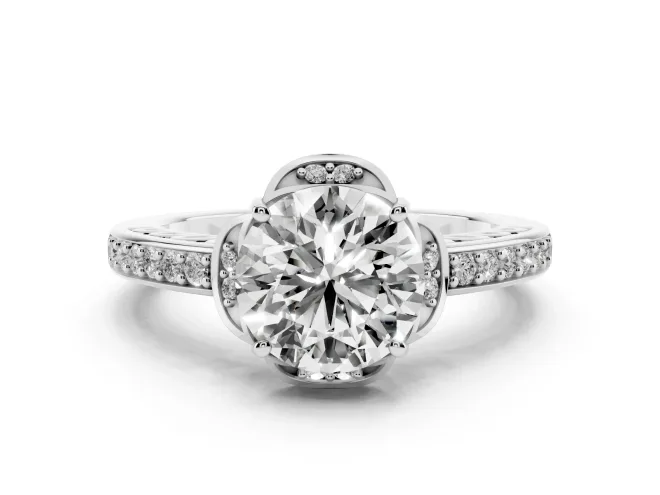 Round Floral Pavé Engagement Ring Setting | Petal Accents | Sterling Silver