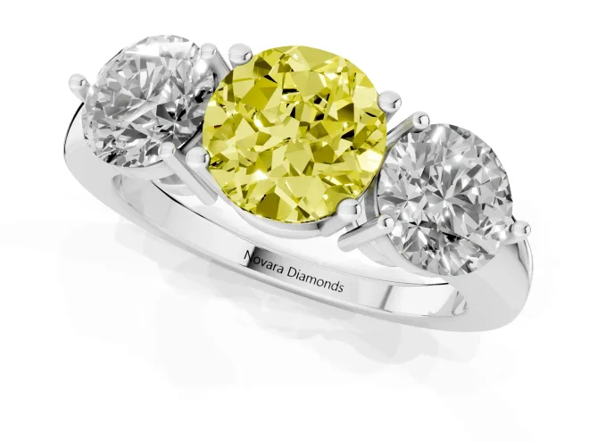 Fancy Yellow Round Cut Diamond Three-Stone Ring Set in Silver with Prong Setting and Plain Band – second view