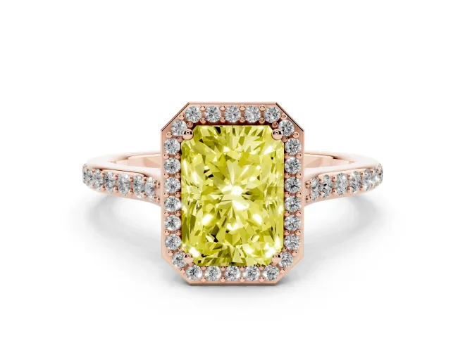 Fancy Yellow Radiant Cut Diamond Halo Engagement Ring Set in Rose gold with Round Pavé Shoulders and Heart Gallery
