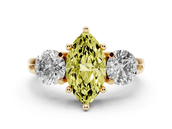 Marquise Three Stone Engagement Ring Setting for a Fancy Yellow Lab-Grown Diamond | Open Prong Baskets | Yellow Gold
