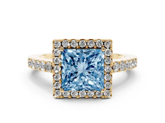 Princess Cut Halo Engagement Ring Setting for a Fancy Blue Lab-Grown Diamond | Single Row Pavé Band | Yellow Gold