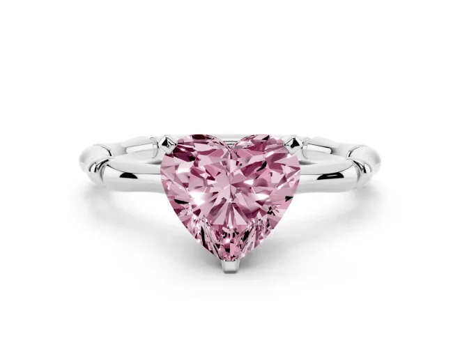 Fancy Pink Heart Cut Diamond Solitaire Ring Set in White gold with Bamboo Band and Prong Setting