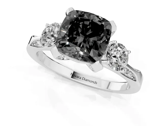 Fancy Black Cushion Cut Diamond Three-Stone Ring Set in White gold with Pavé Band and Smaller Side Stones – second view