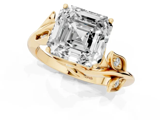 Asscher Cut Diamond Solitaire Twist Engagement Ring Set in Yellow gold with Pavé Leaf Accents – second view