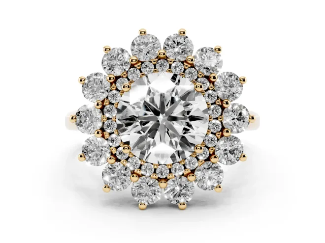 Round Floral Double Halo Engagement Ring Setting | Plain Band | Yellow Gold