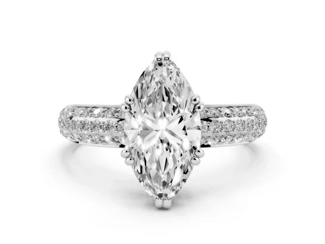 Marquise Three Row Pavé Solitaire Engagement Ring Setting | Double Claw Prongs | White Gold