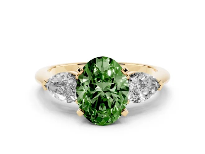 Oval Three-Stone Ring Setting for a Fancy Green Lab-Grown Diamond | Pear Side Stones | Yellow Gold