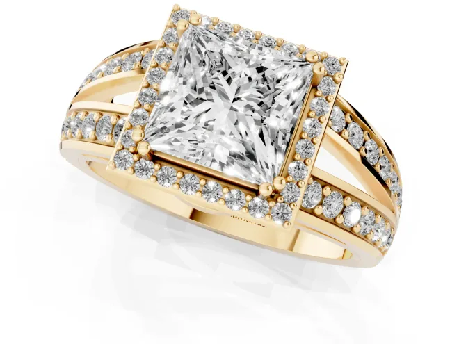 Princess Cut Diamond Halo Ring Set in Yellow gold with Double Pavé Split Shank – second view