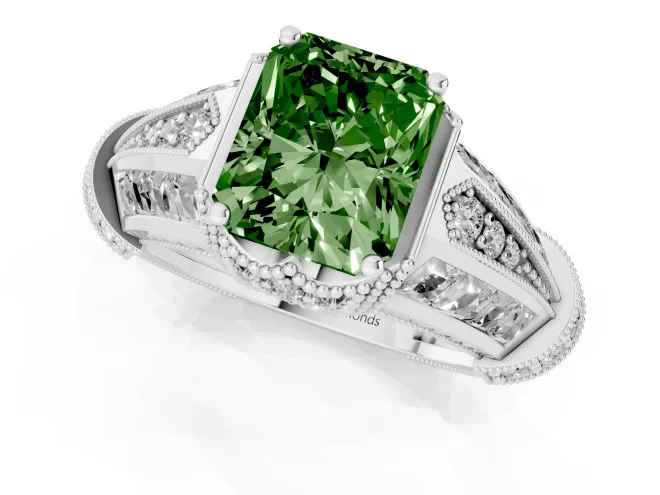 Fancy Green Radiant Cut Diamond Vintage-Inspired Milgrain Ring Set in White gold with Accent Split Shank – second view