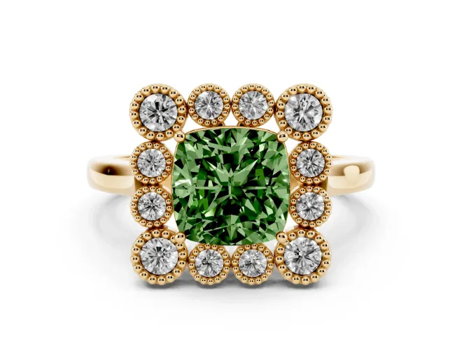 Cushion Cut Milgrain Cluster Halo Engagement Ring Setting for a Fancy Green Lab-Grown Diamond | Plain Band | Yellow Gold