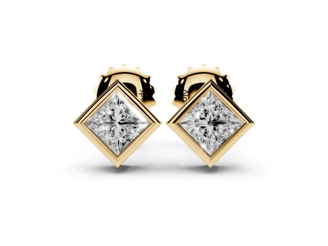 Princess Cut Lab-Grown Diamond Square Bezel Stud Earrings | Stepped Rim | Yellow Gold