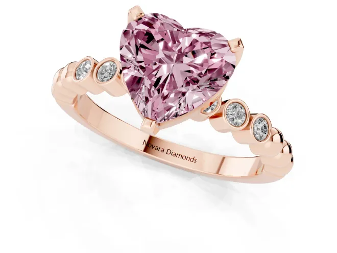 Fancy Pink Heart Cut Diamond Solitaire Engagement Ring Set in Rose gold with Bezel Accents on Beaded Band – second view
