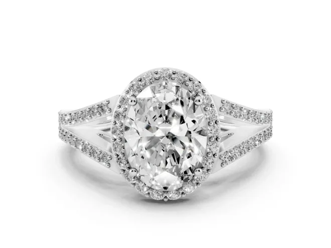 Oval Cut Diamond Halo Split Shank Pavé Ring Set in Platinum with Prong Setting