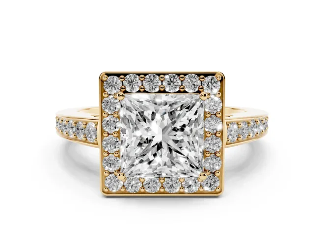Princess Cut Framed Halo Engagement Ring Setting | Graduated Pavé Band | Yellow Gold