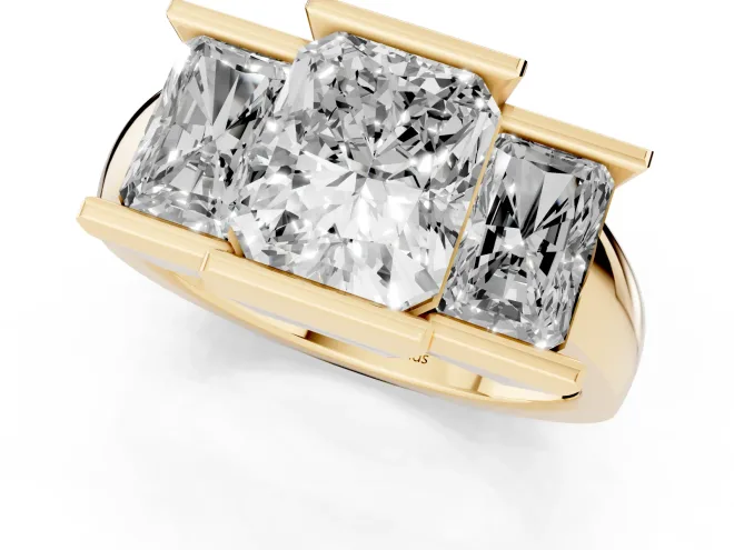 Radiant Cut Diamond Three-Stone Channel Set Ring Set in Yellow gold with Smooth Polished Band – second view