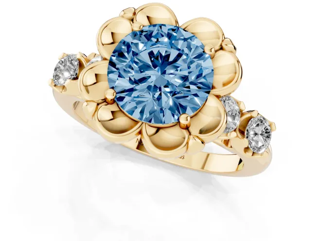 Fancy Blue Round Cut Diamond Floral Halo Ring Set in Yellow gold with Shared Prong Band – second view