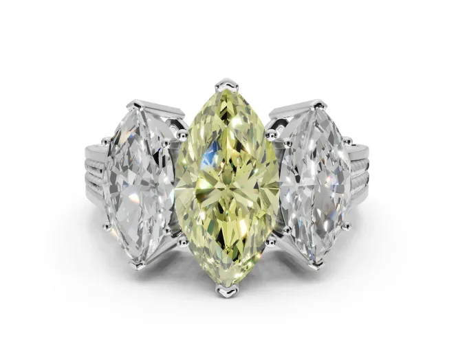 Marquise Three Stone Engagement Ring Setting for a Fancy Yellow Lab-Grown Diamond | Beaded Shoulders | Sterling Silver