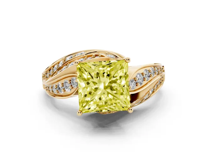 Fancy Yellow Princess Cut Diamond Solitaire Ring Set in Yellow gold with Layered Twist Pavé Band