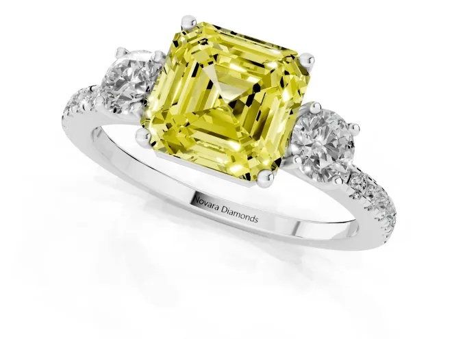 Fancy Yellow Asscher Cut Diamond Three-Stone Ring Set in White gold with Pavé Band and Graduated Sides – second view