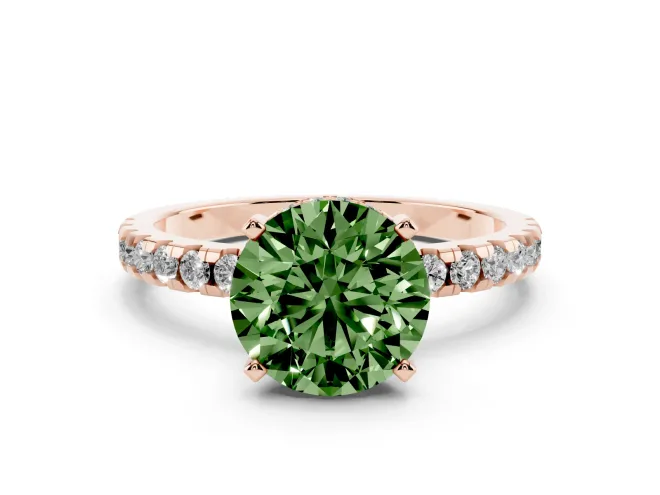 Fancy Green Round Cut Diamond Pavé Solitaire Ring Set in Rose gold with Round Band Accents and Prong Setting