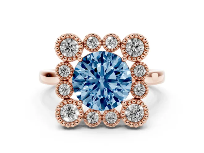 Round Milgrain Cluster Halo Engagement Ring Setting for a Fancy Blue Lab-Grown Diamond | Plain Band | Rose Gold