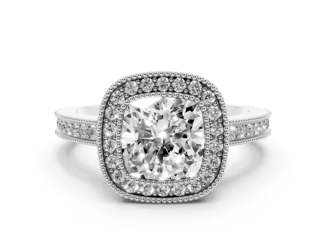 Cushion Cut Vintage Milgrain Halo Engagement Ring Setting | Filigree Gallery | Sterling Silver