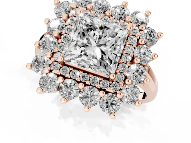 Princess Cut Diamond Floral Double Halo Ring Set in Rose gold with Round Petals – second view