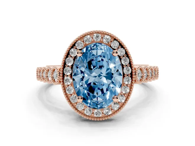 Oval Graduated Milgrain Halo Engagement Ring Setting for a Fancy Blue Lab-Grown Diamond | Rose Gold