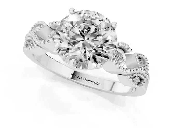 Round Cut Diamond Milgrain Leaf Band Solitaire Ring Set in Silver with Accent Stones and Prong Setting – second view