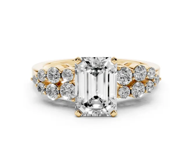 Emerald Cut Diamond Cluster Engagement Ring Set in Yellow gold with Pavé Band and Prong Setting
