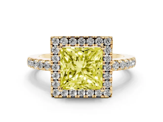 Princess Cut Halo Engagement Ring Setting for a Fancy Yellow Lab-Grown Diamond | Shared Prong Pavé Band | Yellow Gold