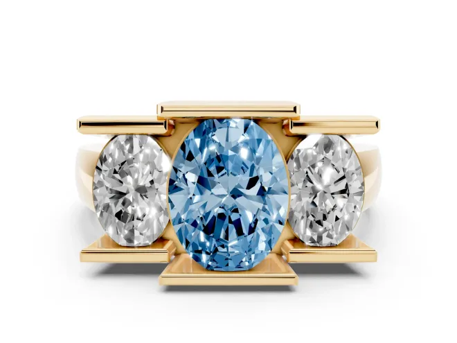 Fancy Blue Oval Cut Diamond Three-Stone Channel Set Ring Set in Yellow gold with Smooth Polished Band