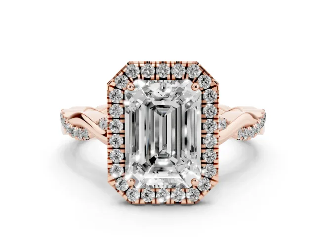 Emerald Cut Halo Engagement Ring Setting | Pavé Twist Band | Rose Gold