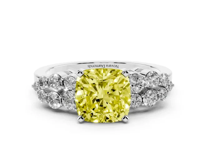 Cushion Cut Side Stone Engagement Ring Setting for a Fancy Yellow Lab-Grown Diamond | Shoulder Clusters | White Gold