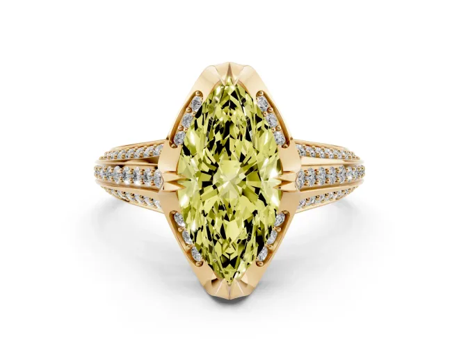 Marquise Hidden Halo Engagement Ring Setting for a Fancy Yellow Lab-Grown Diamond | Triple Row Pavé Band | Yellow Gold