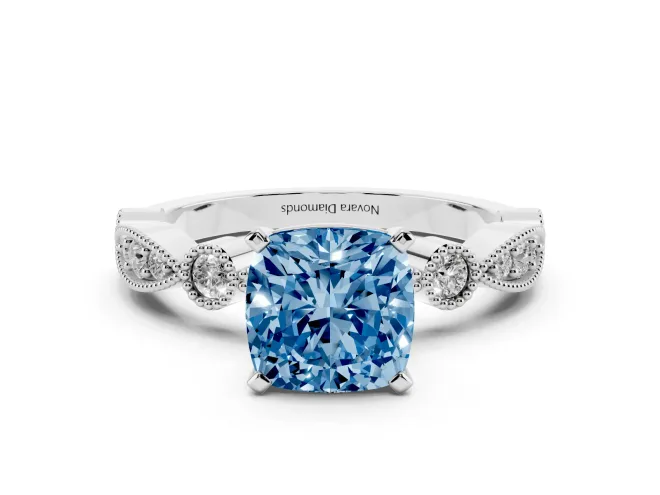 Fancy Blue Cushion Cut Diamond Solitaire Engagement Ring Set in White gold with Milgrain Bezel Accent Band