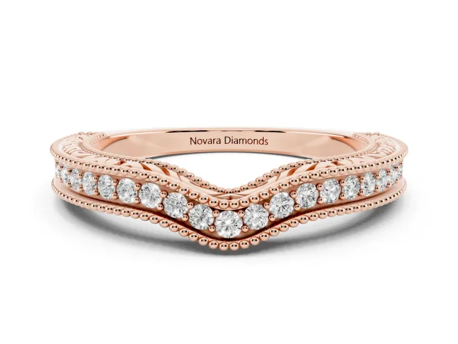 Round Lab-Grown Diamond Pavé Chevron Milgrain Wedding Band | Scrollwork Sides | Rose Gold