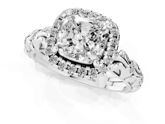 Cushion Cut Diamond Halo Ring Set in White gold with Filigree Leaf Band and Prong Setting – second view