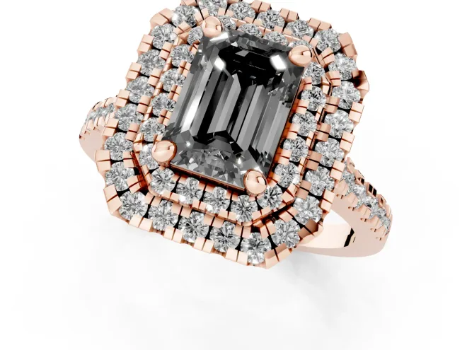 Fancy Black Emerald Cut Diamond Double Halo Statement Ring Set in Rose gold with Pavé Band – second view