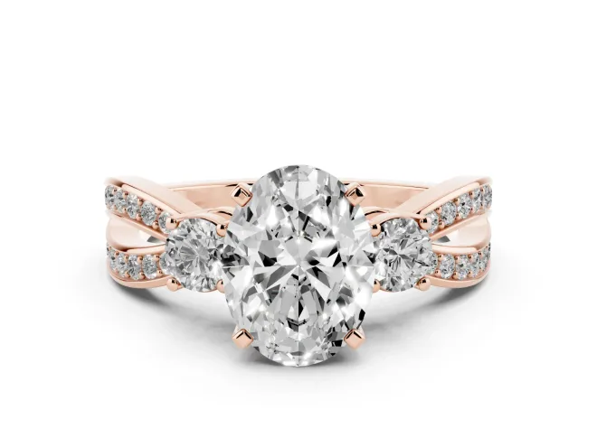 Oval Three-Stone Pavé Twist Engagement Ring Setting | Split Shank | Rose Gold