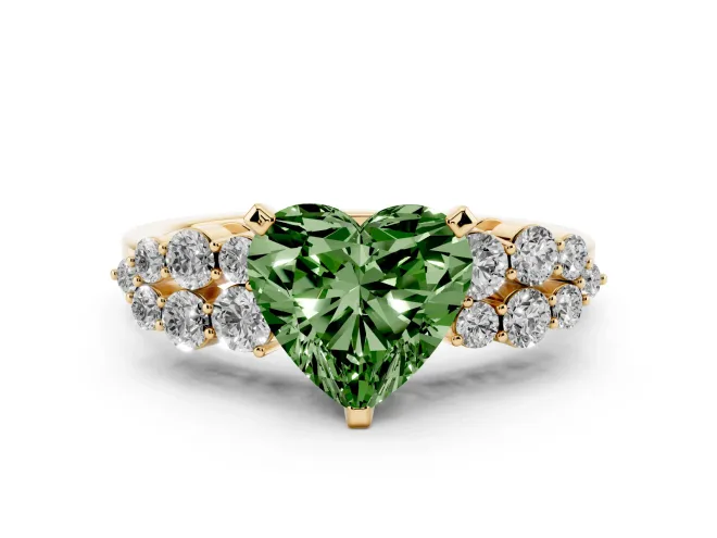 Heart-Shaped Side Stone Engagement Ring Setting for a Fancy Green Lab-Grown Diamond | Shoulder Clusters | Yellow Gold