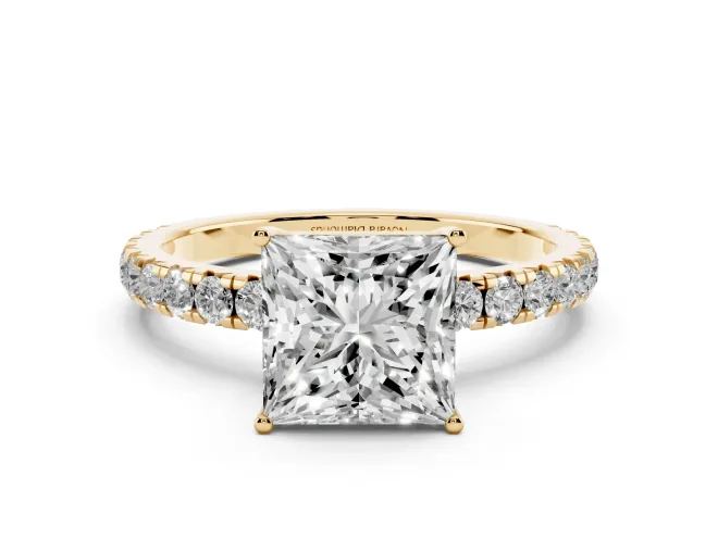 Princess Cut Pavé Engagement Ring Setting | Shared Prong Band | Yellow Gold