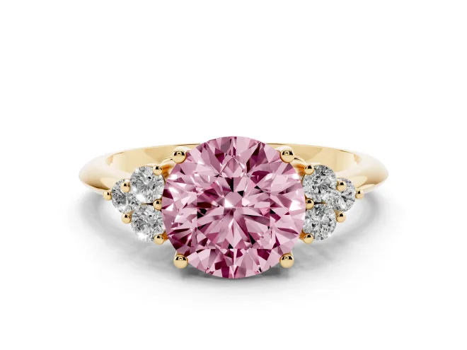 Fancy Pink Round Cut Diamond Cluster Ring Set in Yellow gold with Plain Band and Prong Setting