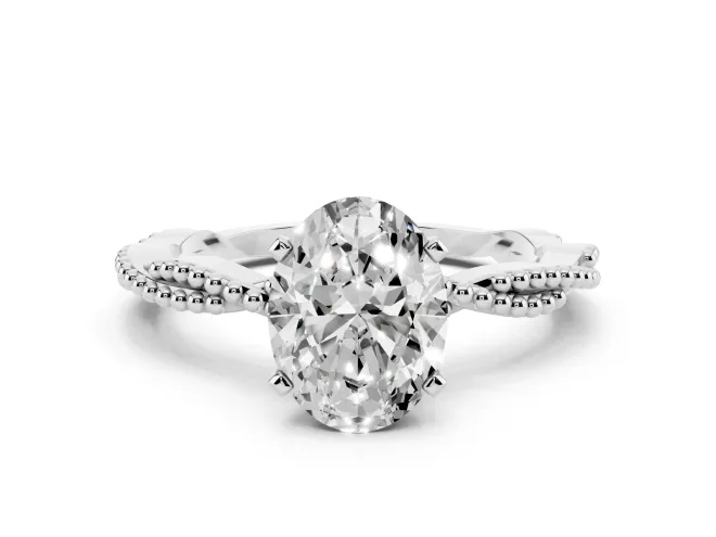 Oval Cut Diamond Solitaire Ring Set in Silver with Twisted Band and Bead Prong Setting
