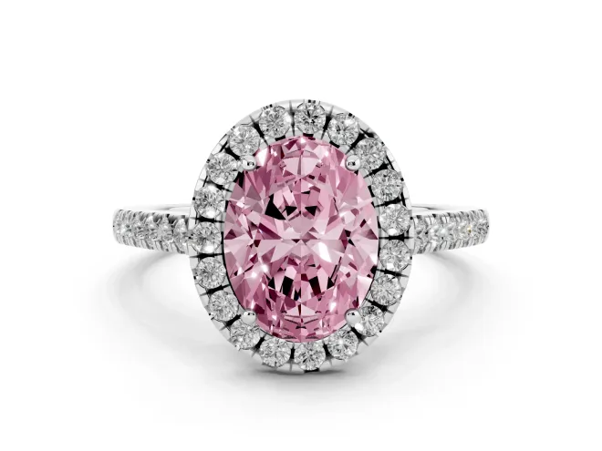 Oval Raised Halo Engagement Ring Setting for a Fancy Pink Lab-Grown Diamond | Pavé Band | White Gold