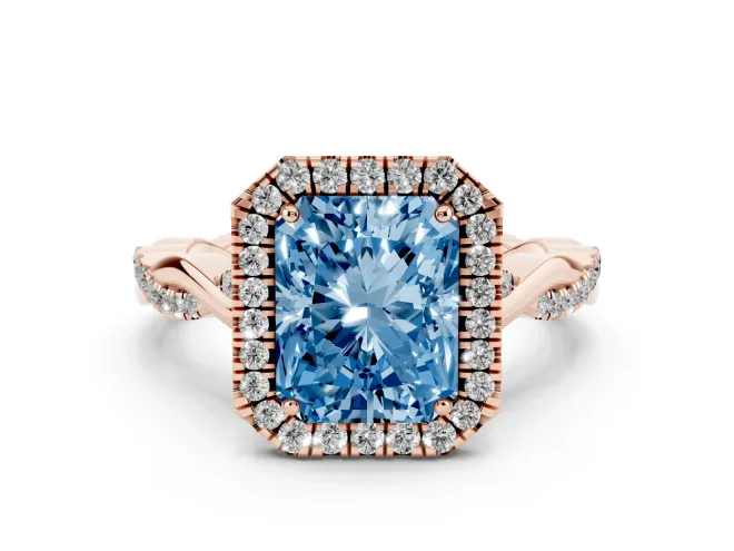 Radiant Cut Twist Halo Engagement Ring Setting for a Fancy Blue Lab-Grown Diamond | Rose Gold