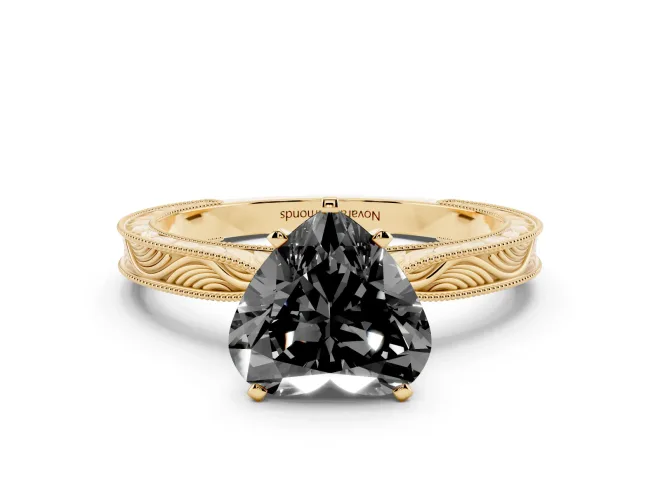 Heart-Shaped Engraved Solitaire Engagement Ring Setting for a Black Center | Yellow Gold