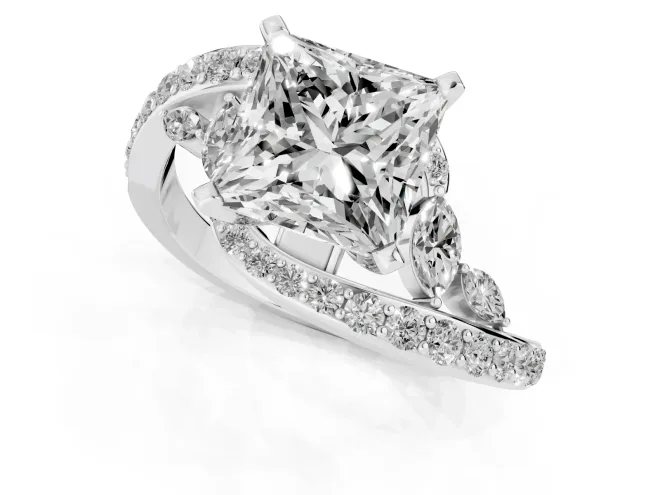 Princess Cut Diamond Solitaire Ring Set in Silver with Pavé Twist Band and Secure Prong Setting – second view