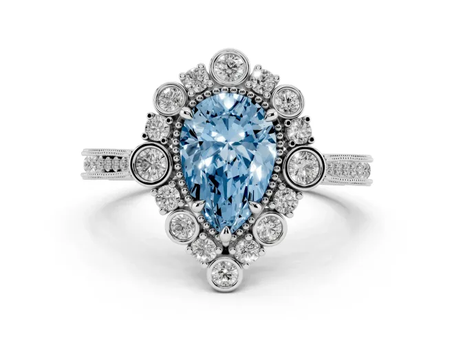 Pear-Shaped Scalloped Halo Engagement Ring Setting for a Fancy Blue Lab-Grown Diamond | Milgrain Edges | Sterling Silver